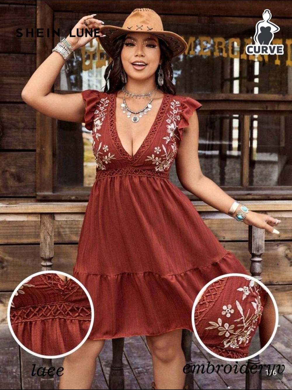 SHEIN Rust Embroidered V-Neck Ruffle Mini Dress
